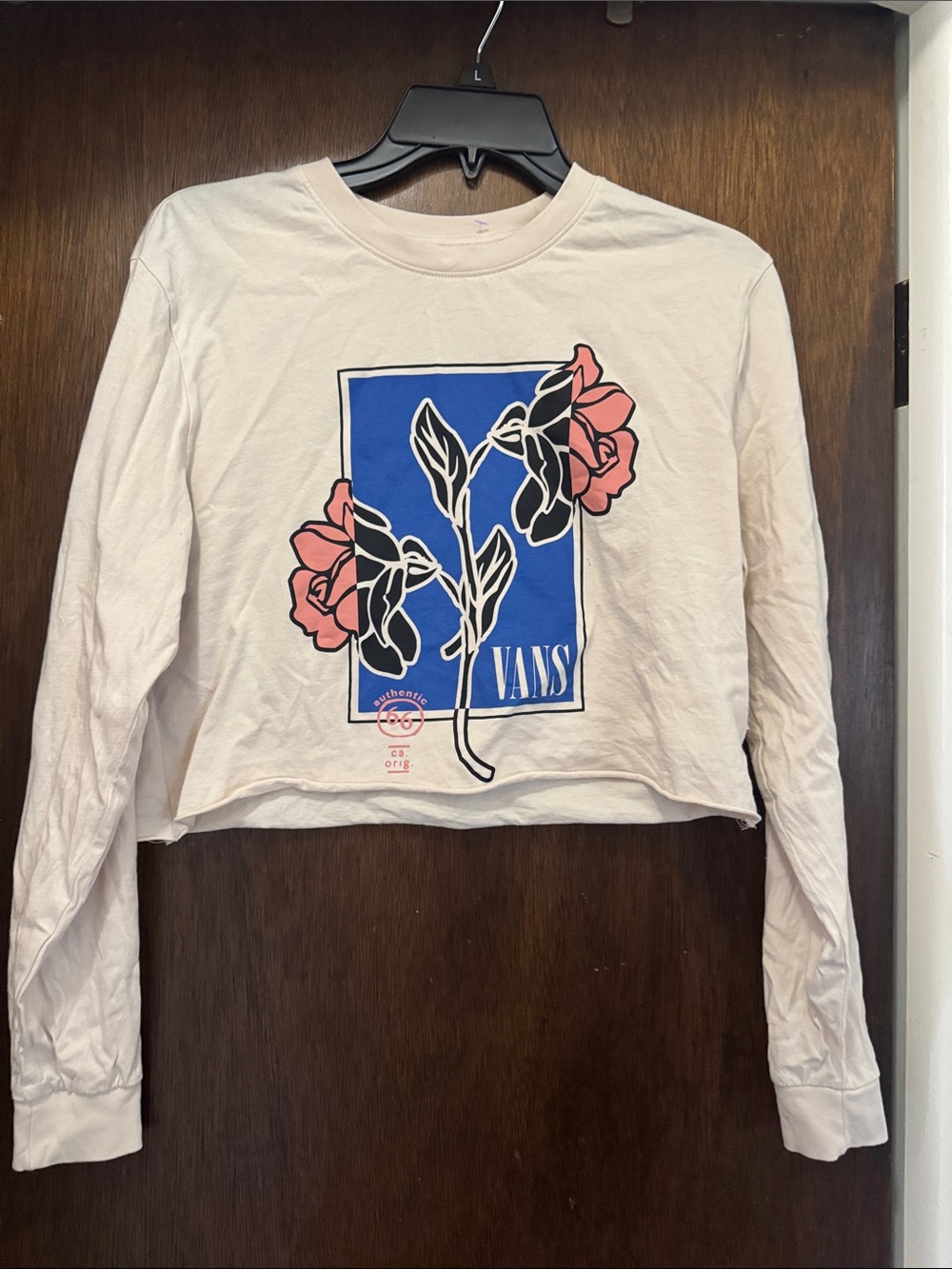 Vans Cream Long Sleeve Crop Tee with Blue & Pink Rose Graphic